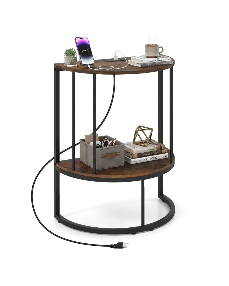 2-Tier Half Moon Console Table with Power Outlets and Storage Shel for Hallway-Rustic Brown - Rustic Brown - Console