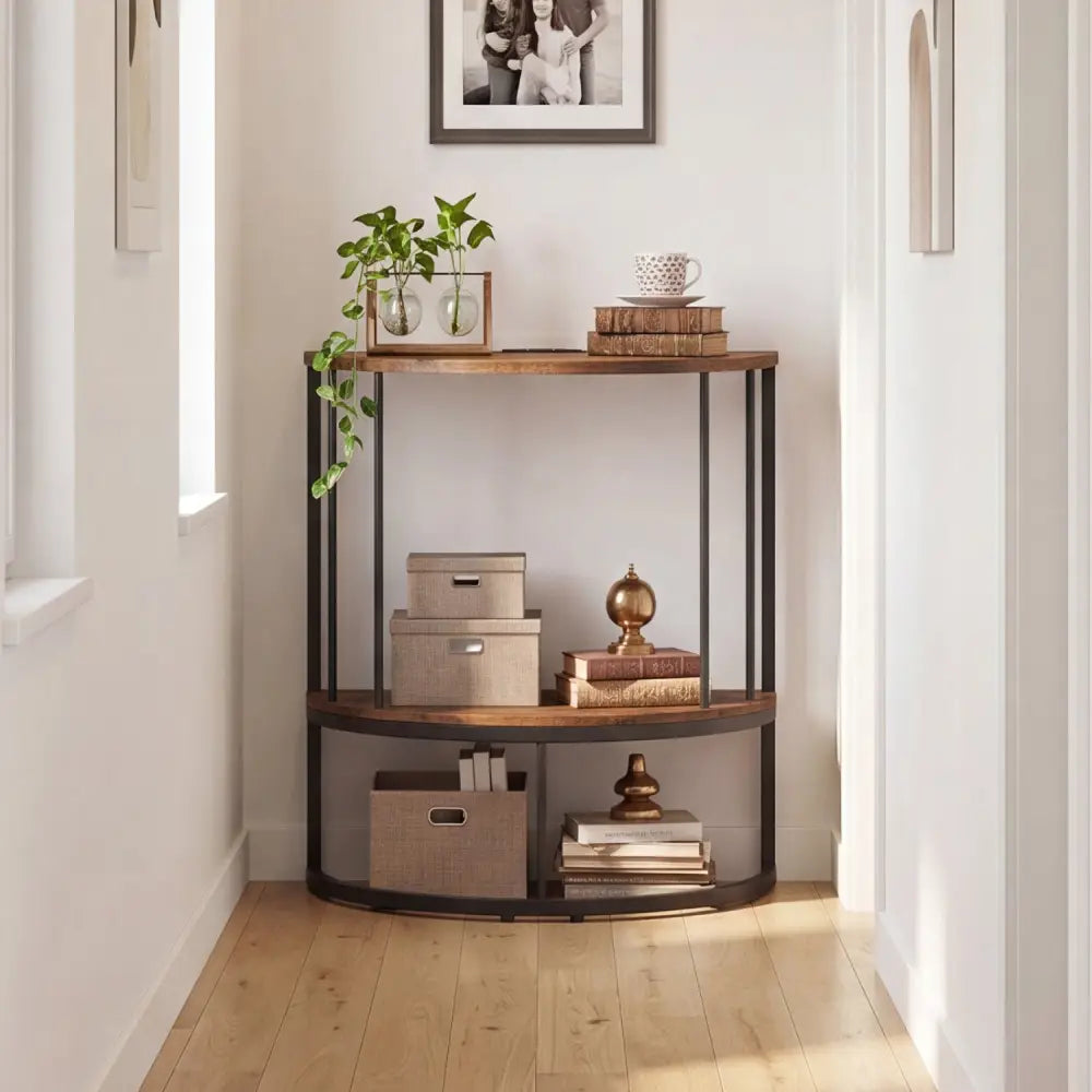 2-Tier Half Moon Console Table with Power Outlets and Storage Shel for Hallway-Rustic Brown - Rustic Brown - Console