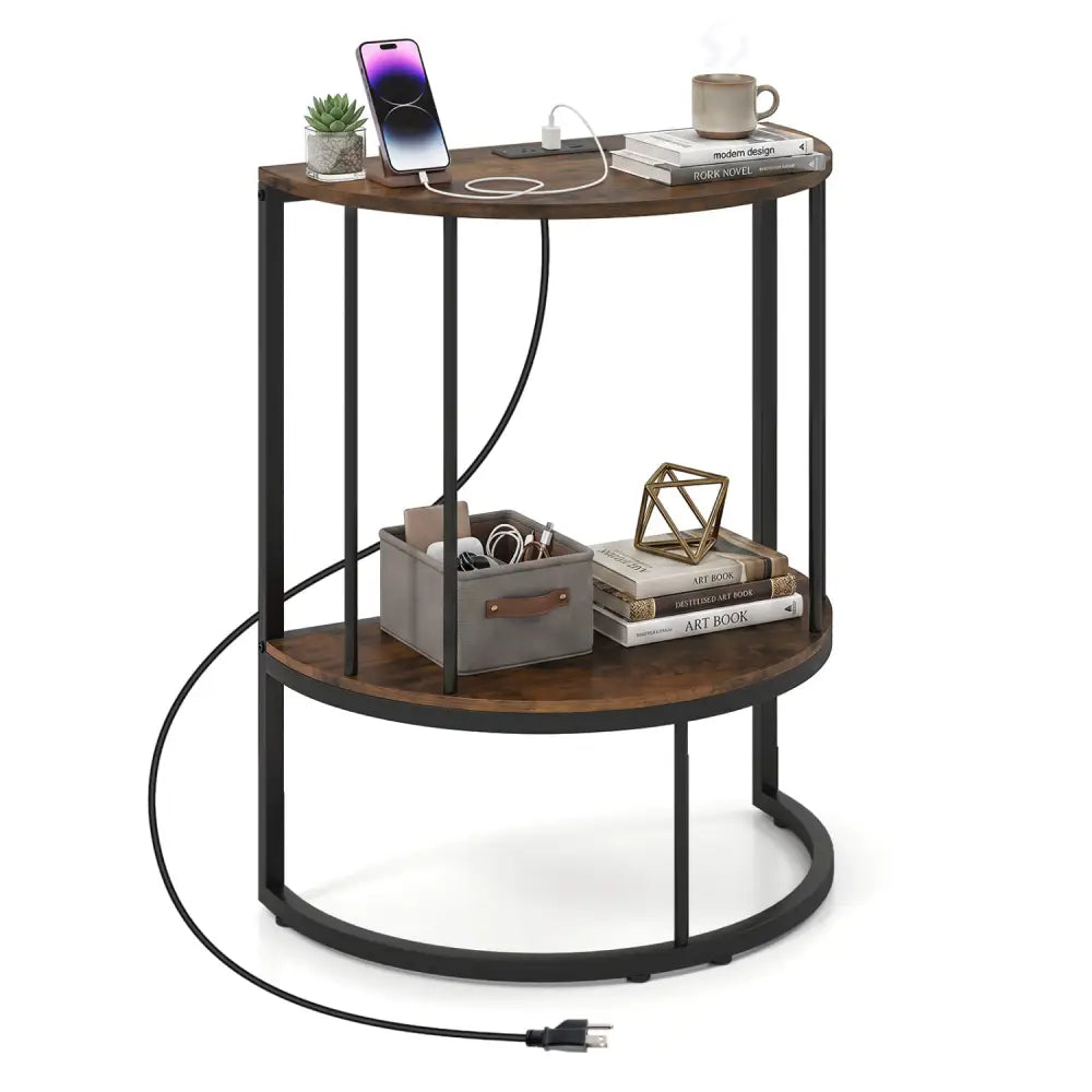 2-Tier Half Moon Console Table with Power Outlets and Storage Shel for Hallway-Rustic Brown - Rustic Brown - Console