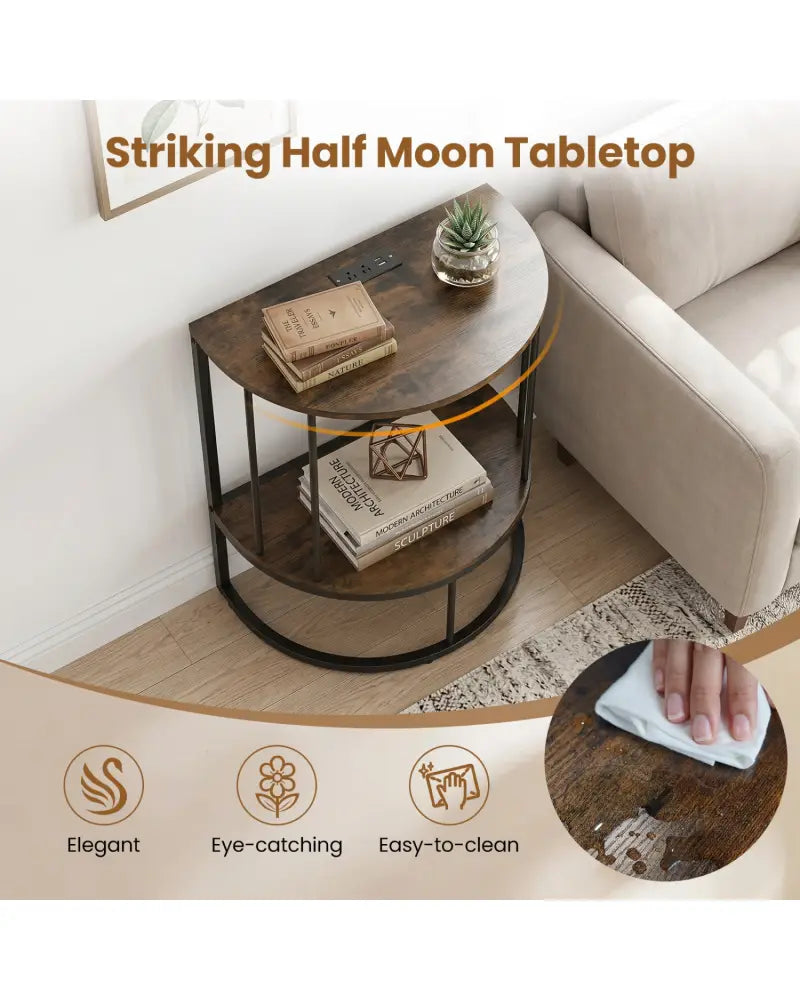 2-Tier Half Moon Console Table with Power Outlets and Storage Shel for Hallway-Rustic Brown - Rustic Brown - Console