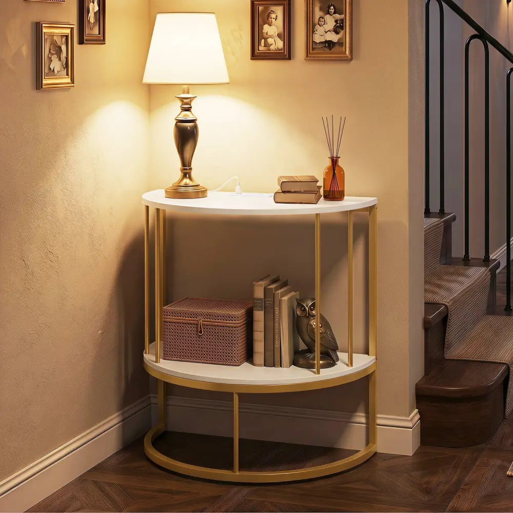 2-Tier Half Moon Console Table with Power Outlets and Storage Shel for Hallway-White - White - Console Tables