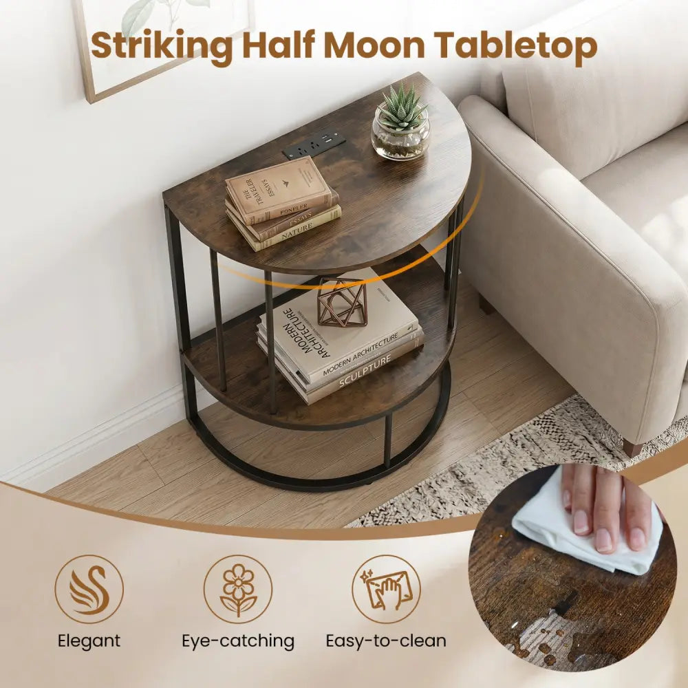 2-Tier Half Moon Console Table with Power Outlets and Storage Shel for Hallway-Rustic Brown - Rustic Brown - Console