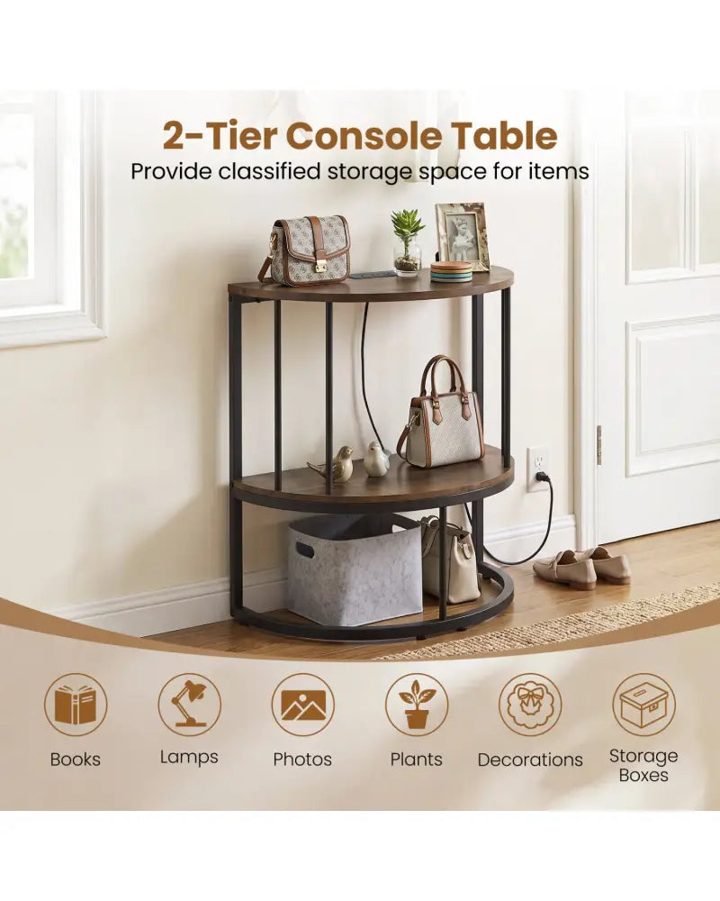 2-Tier Half Moon Console Table with Power Outlets and Storage Shel for Hallway-Rustic Brown - Rustic Brown - Console