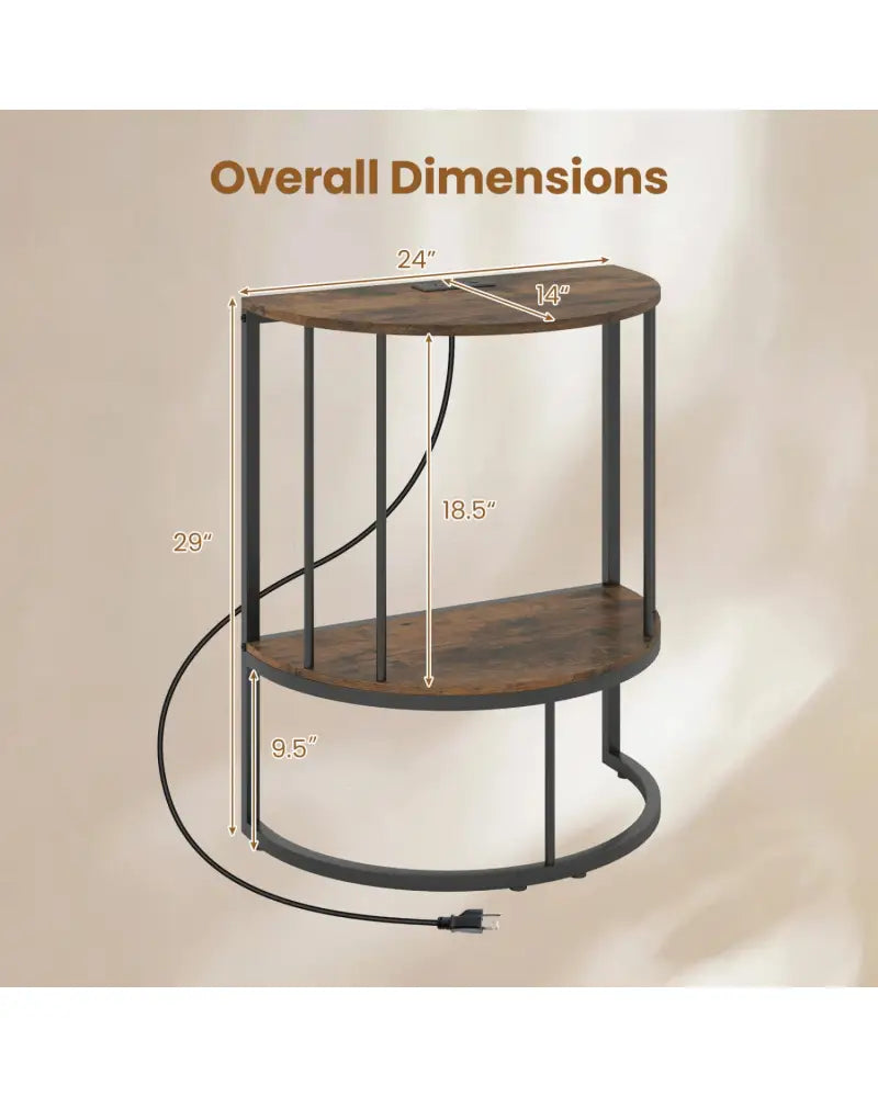 2-Tier Half Moon Console Table with Power Outlets and Storage Shel for Hallway-Rustic Brown - Rustic Brown - Console