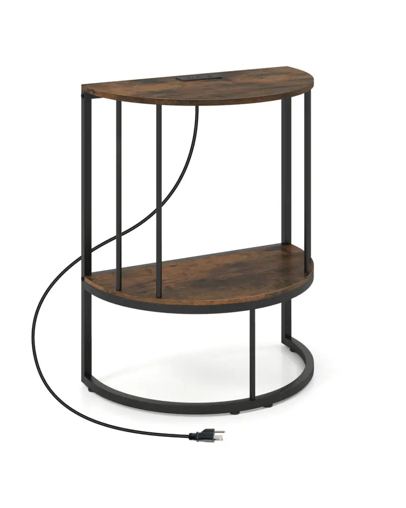 2-Tier Half Moon Console Table with Power Outlets and Storage Shel for Hallway-Rustic Brown - Rustic Brown - Console
