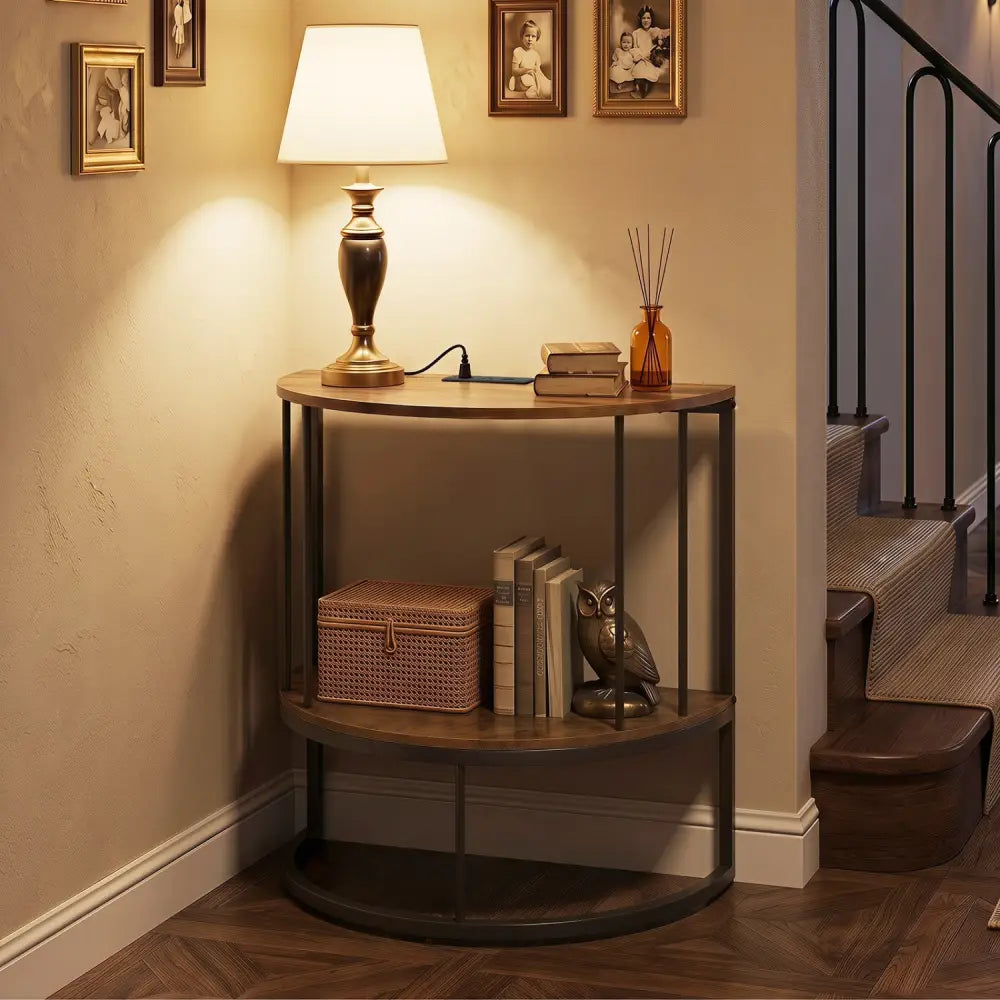 2-Tier Half Moon Console Table with Power Outlets and Storage Shel for Hallway-Rustic Brown - Rustic Brown - Console