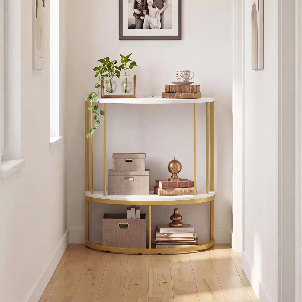 2-Tier Half Moon Console Table with Power Outlets and Storage Shel for Hallway-White - White - Console Tables