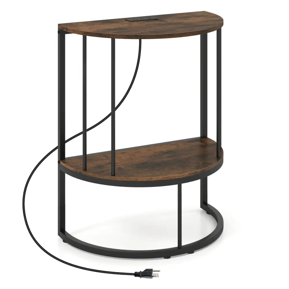 2-Tier Half Moon Console Table with Power Outlets and Storage Shel for Hallway-Rustic Brown - Rustic Brown - Console