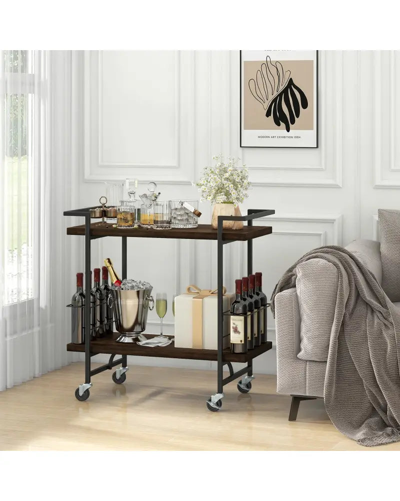 2-Tier Home Bar Cart with Lockable Wheels and Heavy-Duty Metal Frame-Rustic Brown - Rustic Brown - Kitchen Islands &
