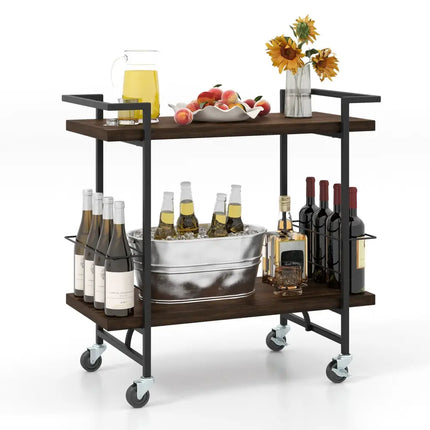 2-Tier Home Bar Cart with Lockable Wheels and Heavy-Duty Metal Frame-Rustic Brown Costway