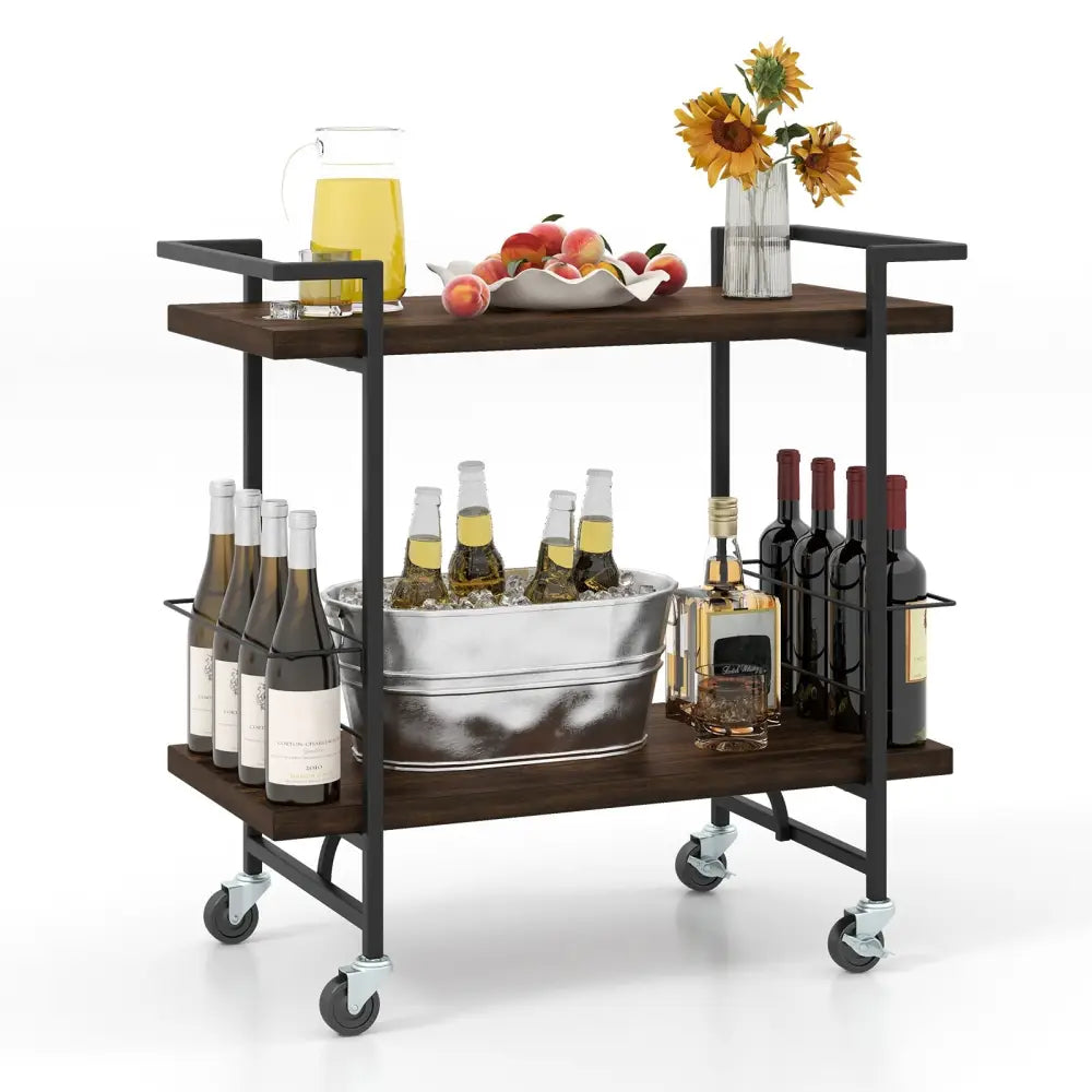 2-Tier Home Bar Cart with Lockable Wheels and Heavy-Duty Metal Frame-Rustic Brown Costway