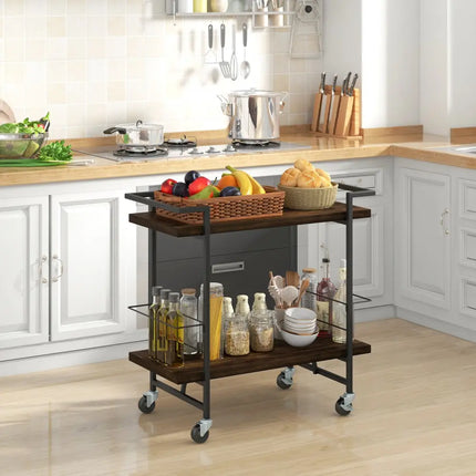 2-Tier Home Bar Cart with Lockable Wheels and Heavy-Duty Metal Frame-Rustic Brown Costway