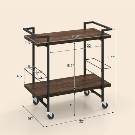 2-Tier Home Bar Cart with Lockable Wheels and Heavy-Duty Metal Frame-Rustic Brown Costway