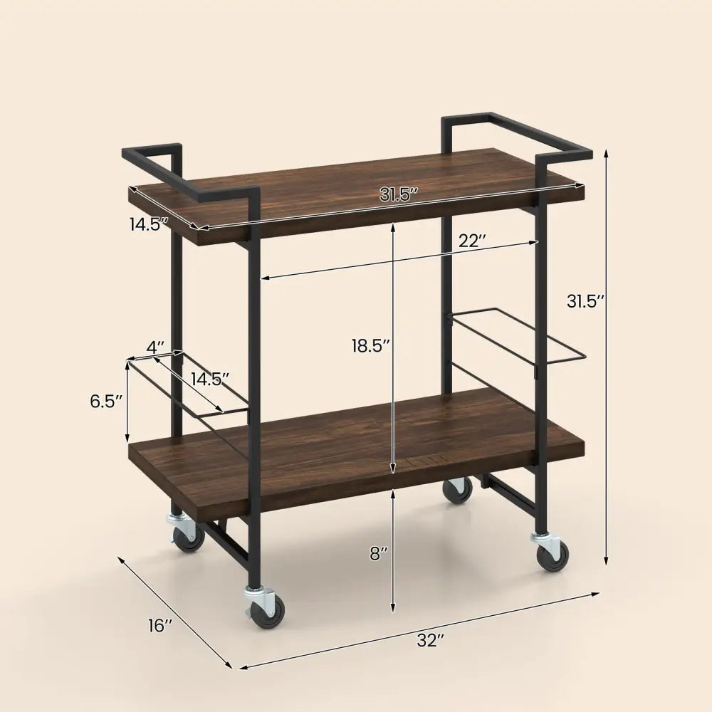 2-Tier Home Bar Cart with Lockable Wheels and Heavy-Duty Metal Frame-Rustic Brown Costway