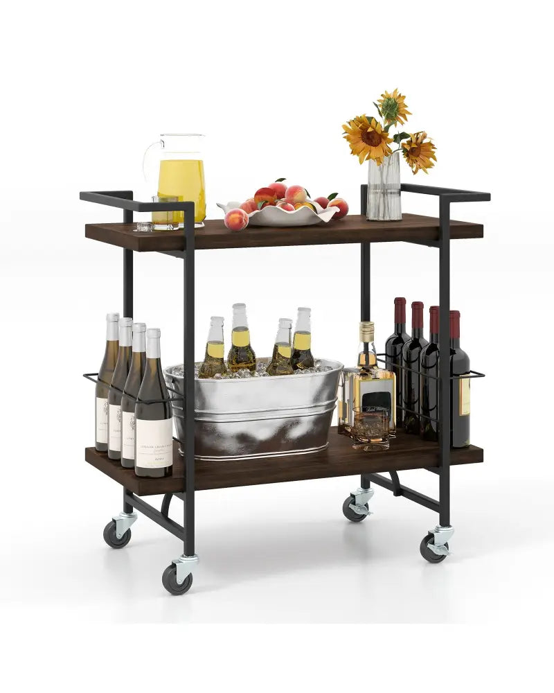 2-Tier Home Bar Cart with Lockable Wheels and Heavy-Duty Metal Frame-Rustic Brown - Rustic Brown - Kitchen Islands &