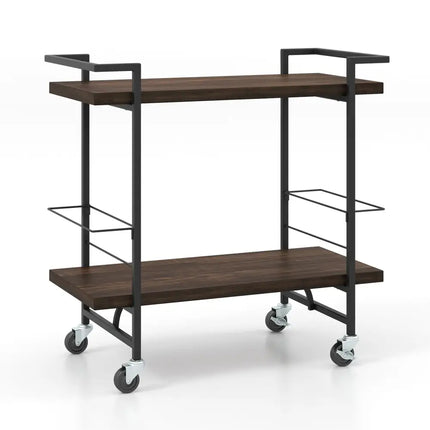 2-Tier Home Bar Cart with Lockable Wheels and Heavy-Duty Metal Frame-Rustic Brown Costway