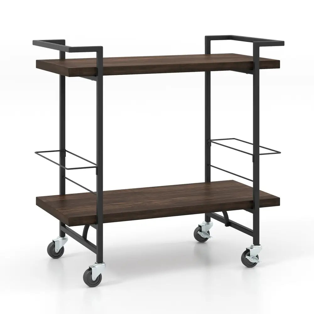 2-Tier Home Bar Cart with Lockable Wheels and Heavy-Duty Metal Frame-Rustic Brown Costway