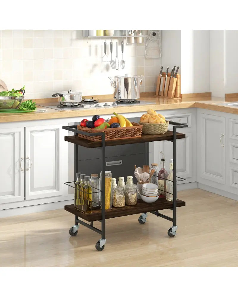 2-Tier Home Bar Cart with Lockable Wheels and Heavy-Duty Metal Frame-Rustic Brown - Rustic Brown - Kitchen Islands &
