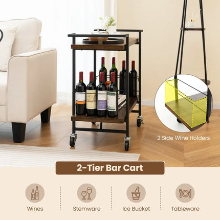 2-Tier Home Bar Cart with Lockable Wheels and Heavy-Duty Metal Frame-Rustic Brown Costway