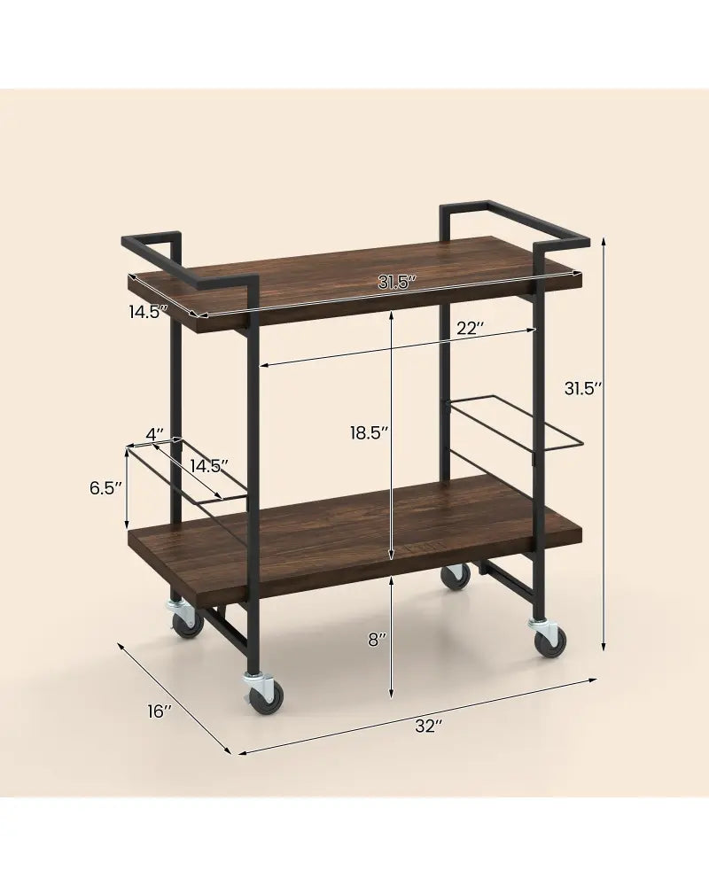 2-Tier Home Bar Cart with Lockable Wheels and Heavy-Duty Metal Frame-Rustic Brown - Rustic Brown - Kitchen Islands &