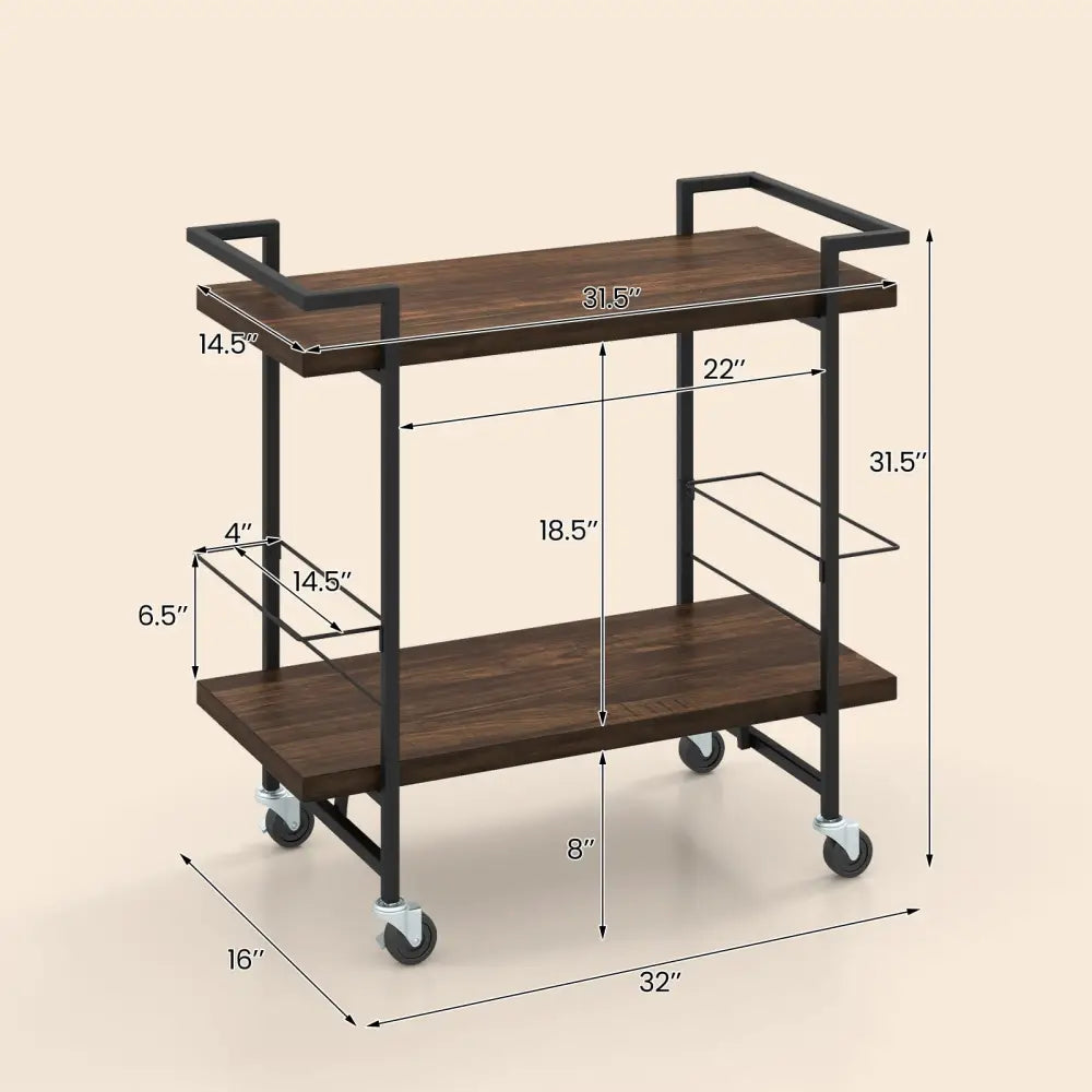 2-Tier Home Bar Cart with Lockable Wheels and Heavy-Duty Metal Frame-Rustic Brown - Rustic Brown - Kitchen Islands &