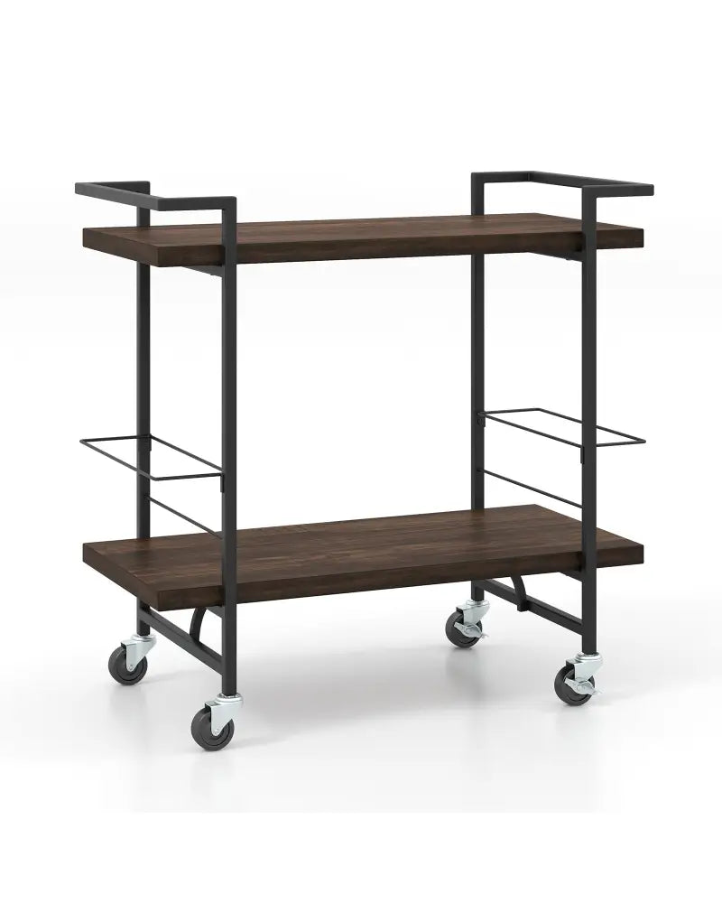 2-Tier Home Bar Cart with Lockable Wheels and Heavy-Duty Metal Frame-Rustic Brown - Rustic Brown - Kitchen Islands &