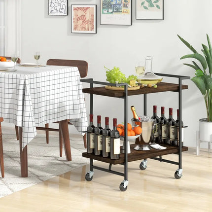 2-Tier Home Bar Cart with Lockable Wheels and Heavy-Duty Metal Frame-Rustic Brown Costway