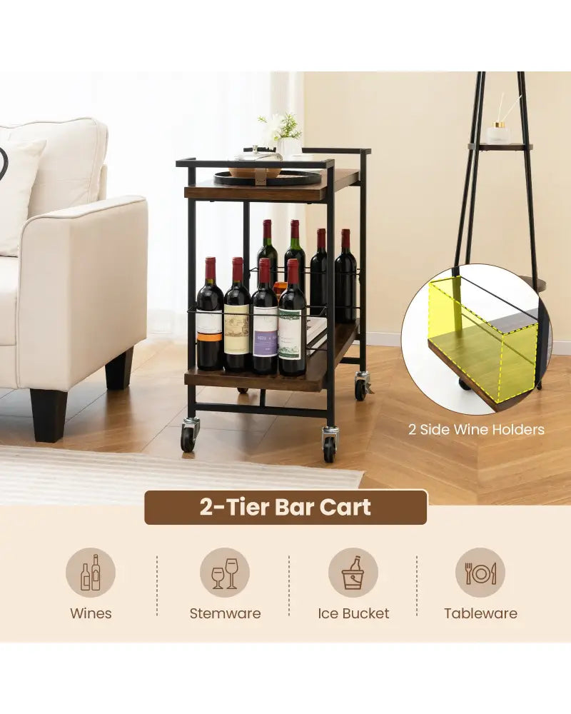 2-Tier Home Bar Cart with Lockable Wheels and Heavy-Duty Metal Frame-Rustic Brown - Rustic Brown - Kitchen Islands &