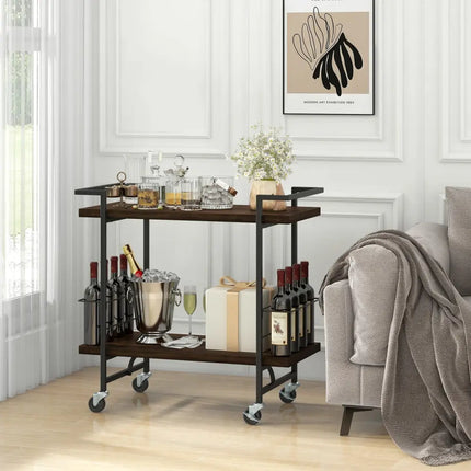 2-Tier Home Bar Cart with Lockable Wheels and Heavy-Duty Metal Frame-Rustic Brown Costway