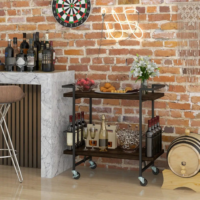 2-Tier Home Bar Cart with Lockable Wheels and Heavy-Duty Metal Frame-Rustic Brown Costway