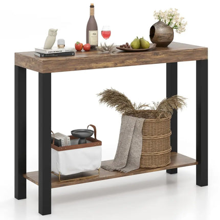 2-Tier Home Bar Table with Open Shelves and Storage for Home Kitchen Living Room Pub-Rustic Brown Costway
