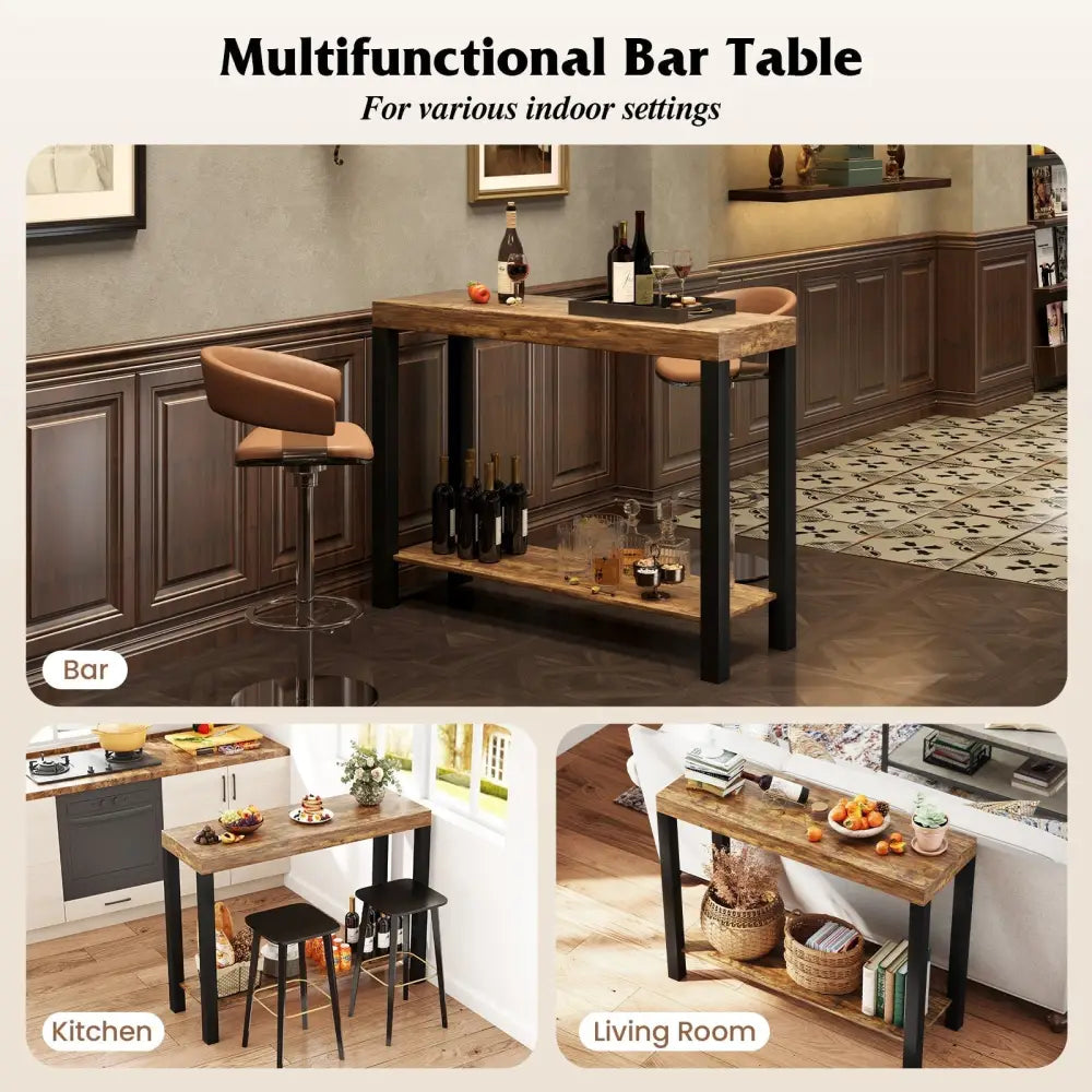 2-Tier Home Bar Table with Open Shelves and Storage for Home Kitchen Living Room Pub-Rustic Brown Costway