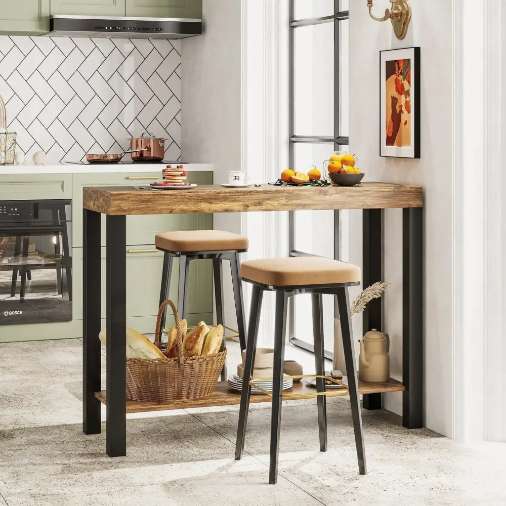 2-Tier Home Bar Table with Open Shelves and Storage for Home Kitchen Living Room Pub-Rustic Brown Costway