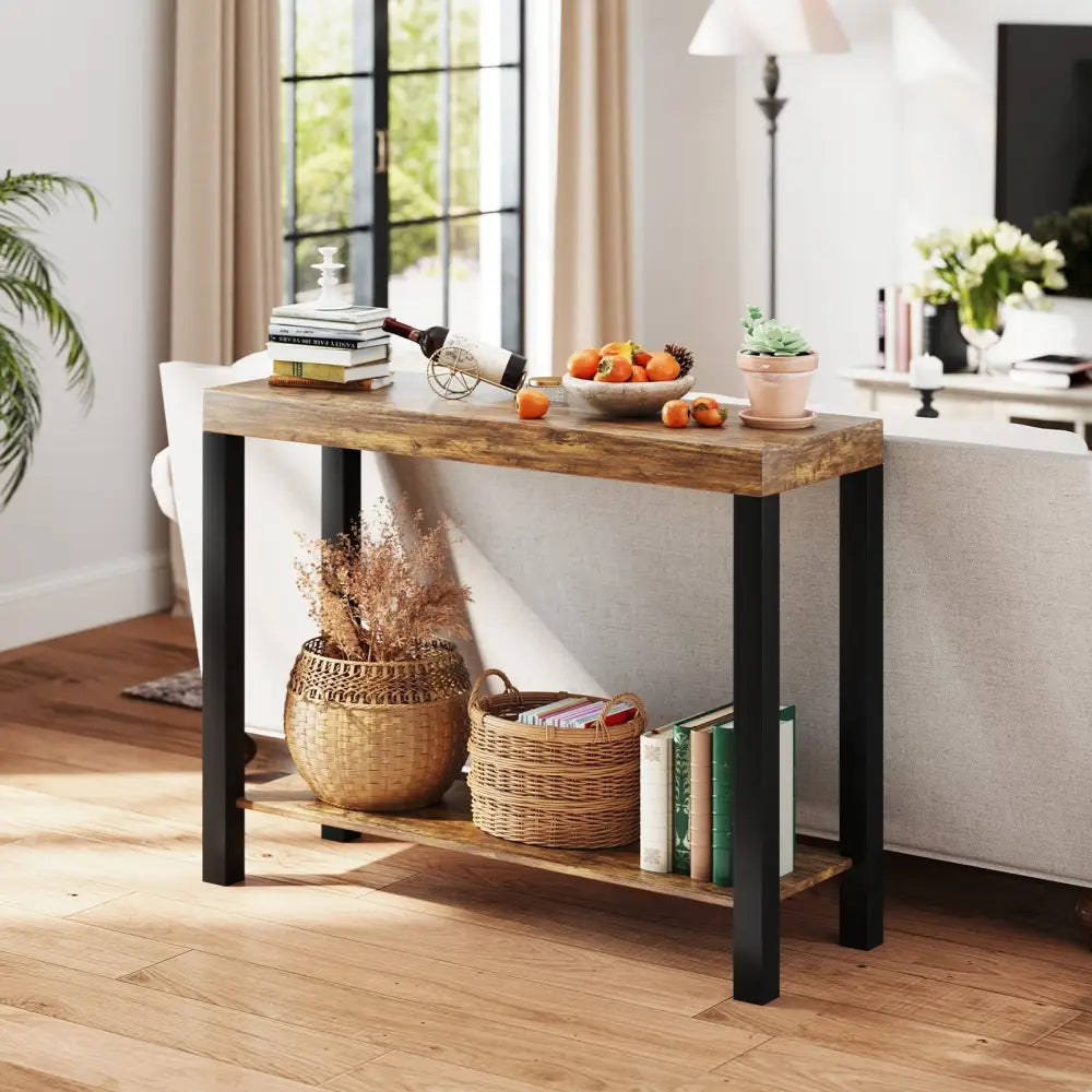 2-Tier Home Bar Table with Open Shelves and Storage for Home Kitchen Living Room Pub-Rustic Brown Costway