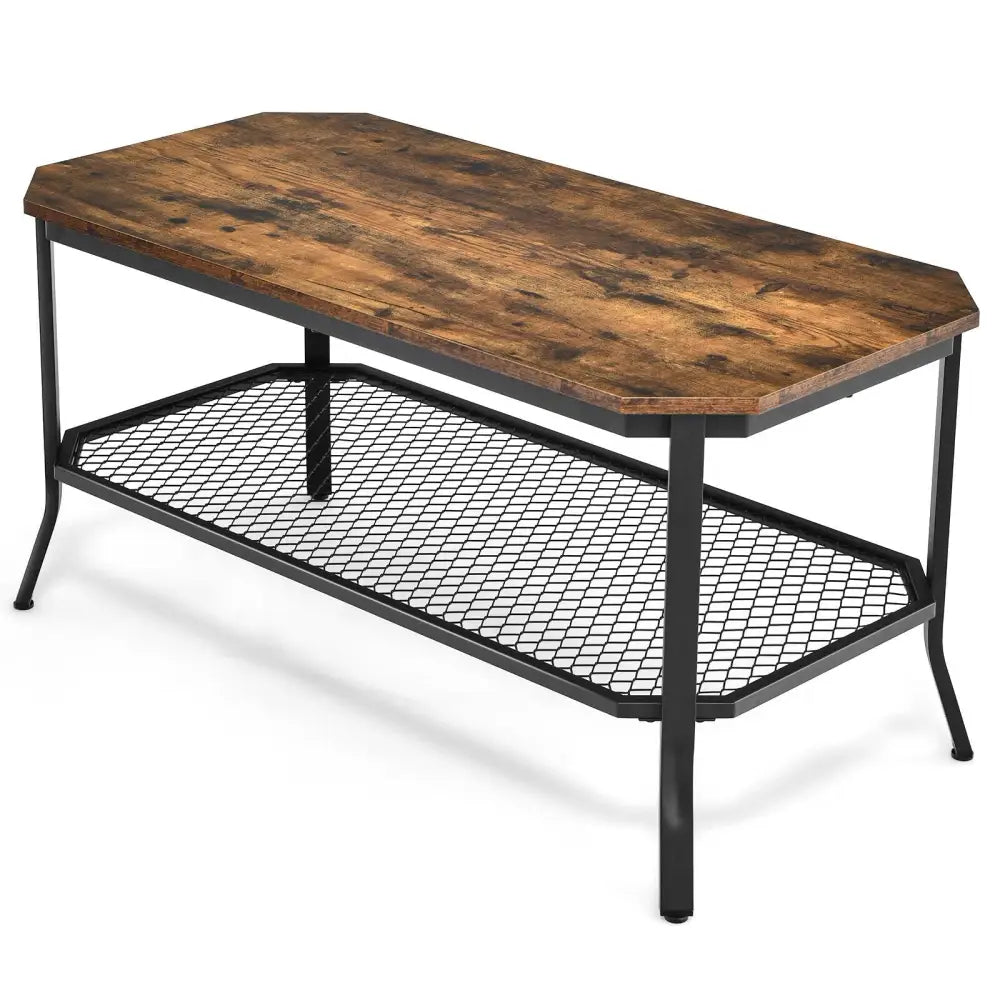 2-Tier Industrial Coffee Table Central Table with Metal Mesh Shelf for Living Room-Rustic Brown - Rustic Brown - Coffee