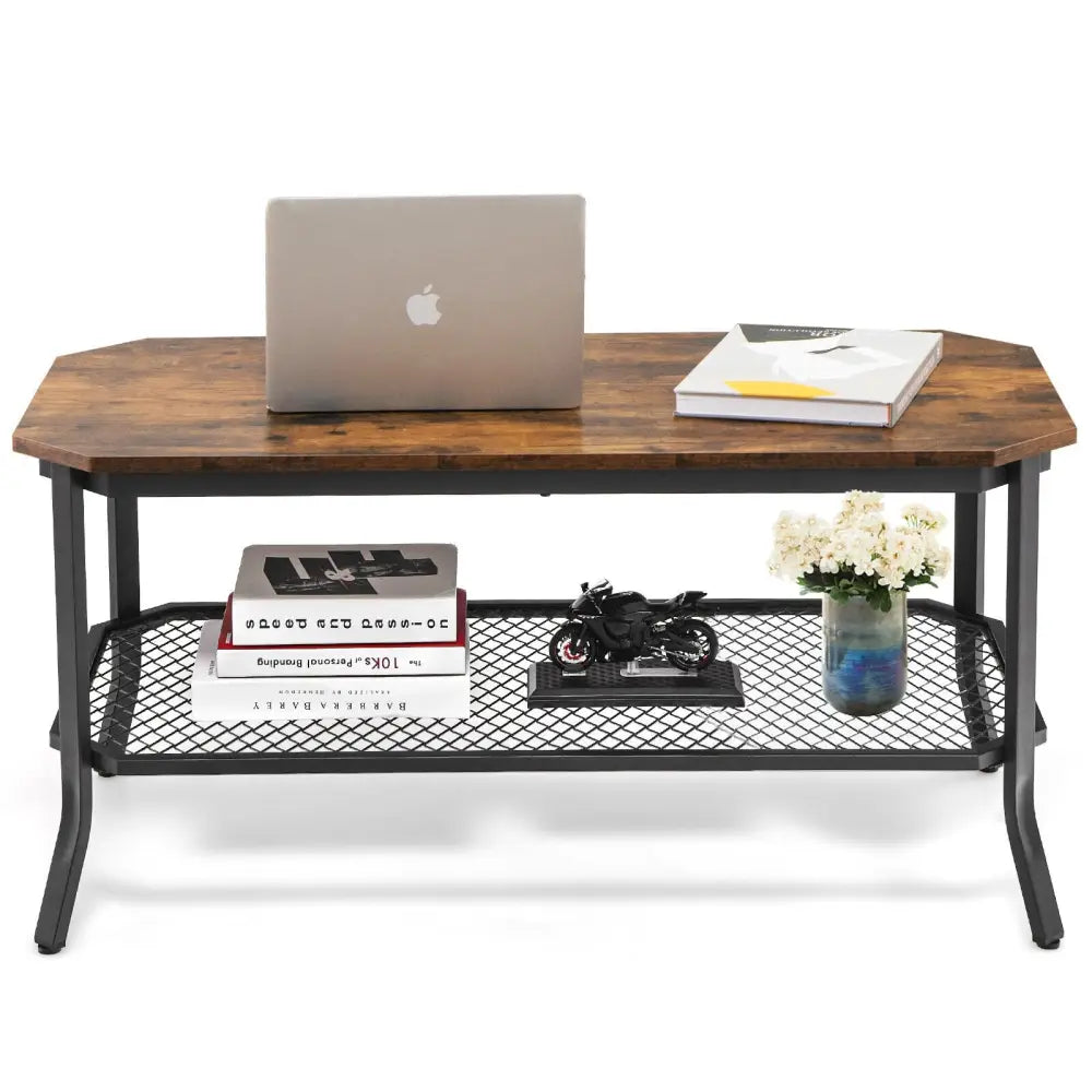 2-Tier Industrial Coffee Table Central Table with Metal Mesh Shelf for Living Room-Rustic Brown - Rustic Brown - Coffee