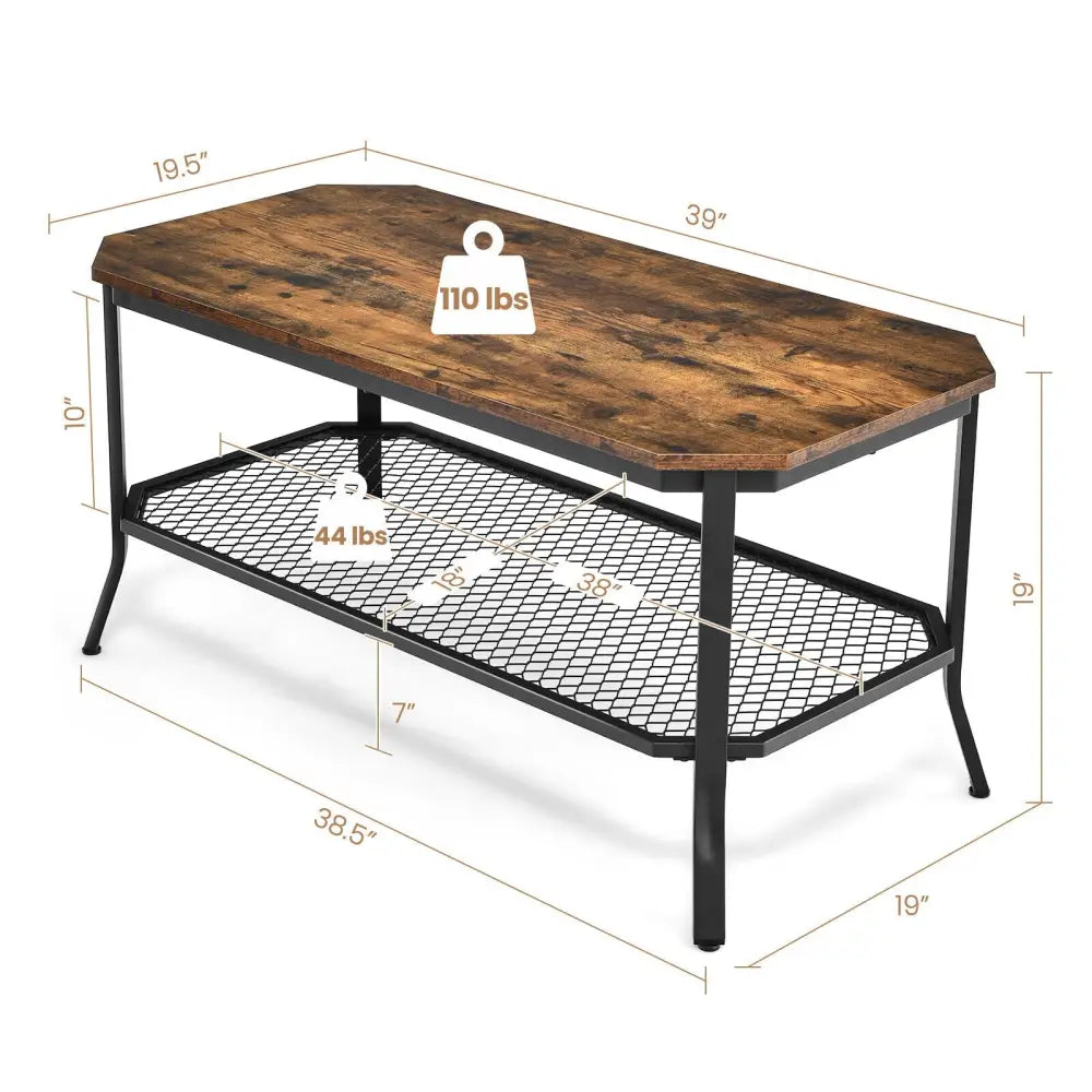 2-Tier Industrial Coffee Table Central Table with Metal Mesh Shelf for Living Room-Rustic Brown - Rustic Brown - Coffee