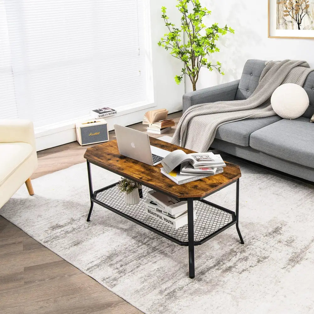 2-Tier Industrial Coffee Table Central Table with Metal Mesh Shelf for Living Room-Rustic Brown - Rustic Brown - Coffee