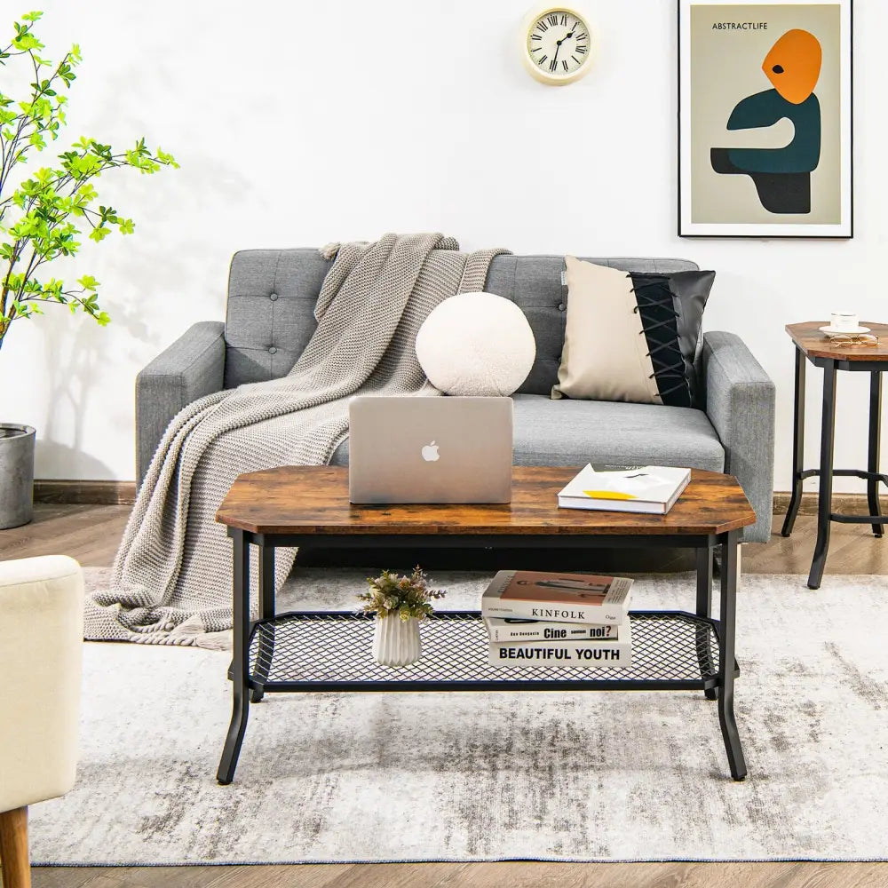 2-Tier Industrial Coffee Table Central Table with Metal Mesh Shelf for Living Room-Rustic Brown - Rustic Brown - Coffee