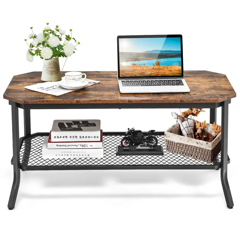 2-Tier Industrial Coffee Table Central Table with Metal Mesh Shelf for Living Room-Rustic Brown - Rustic Brown - Coffee
