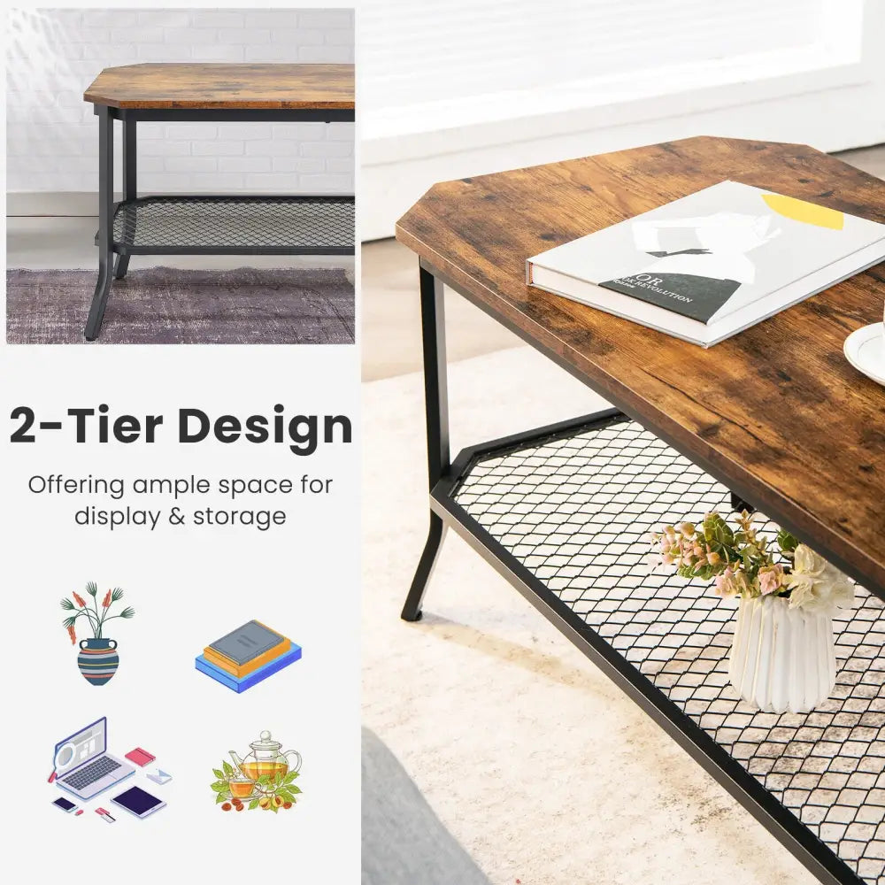2-Tier Industrial Coffee Table Central Table with Metal Mesh Shelf for Living Room-Rustic Brown - Rustic Brown - Coffee