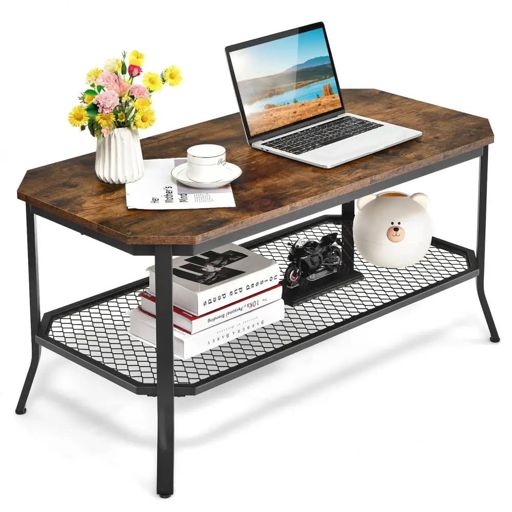2-Tier Industrial Coffee Table Central Table with Metal Mesh Shelf for Living Room-Rustic Brown - Rustic Brown - Coffee