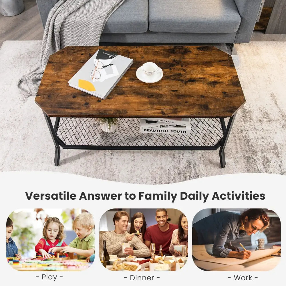 2-Tier Industrial Coffee Table Central Table with Metal Mesh Shelf for Living Room-Rustic Brown - Rustic Brown - Coffee