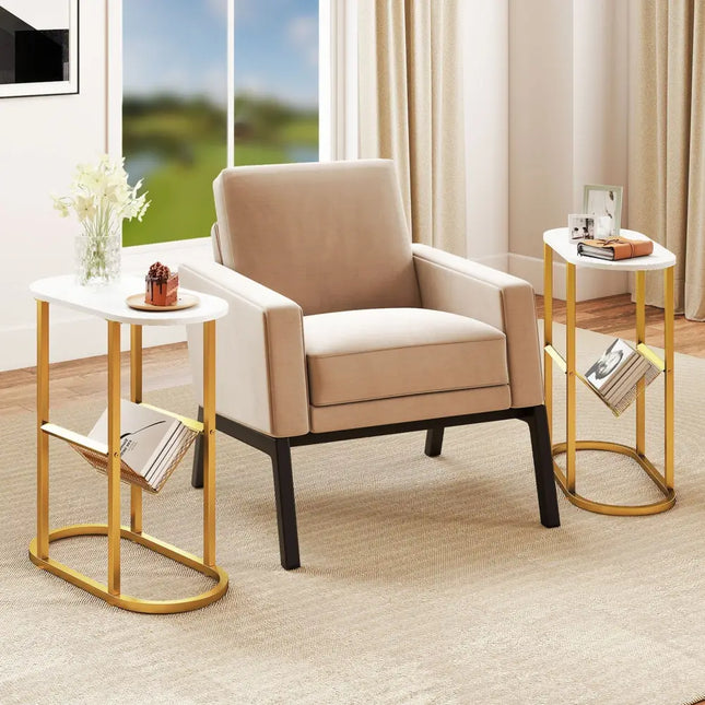 2-tier Industrial Oval Side Table with Mesh Shelf-White Costway
