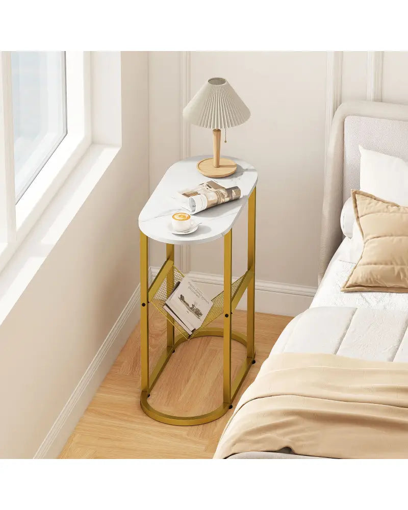 2-tier Industrial Oval Side Table with Mesh Shelf-White - White - End & Side Tables