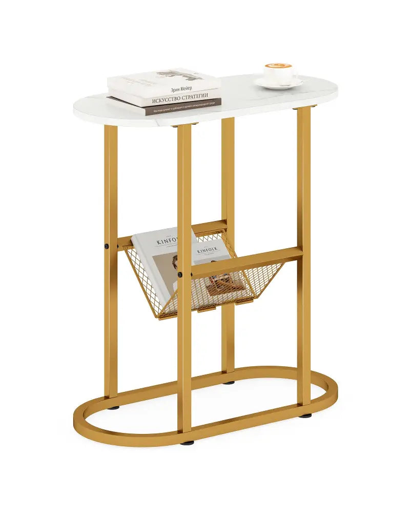2-tier Industrial Oval Side Table with Mesh Shelf-White - White - End & Side Tables
