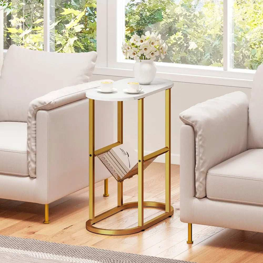 2-tier Industrial Oval Side Table with Mesh Shelf-White - White - End & Side Tables