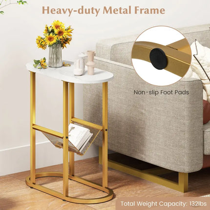 2-tier Industrial Oval Side Table with Mesh Shelf-White Costway