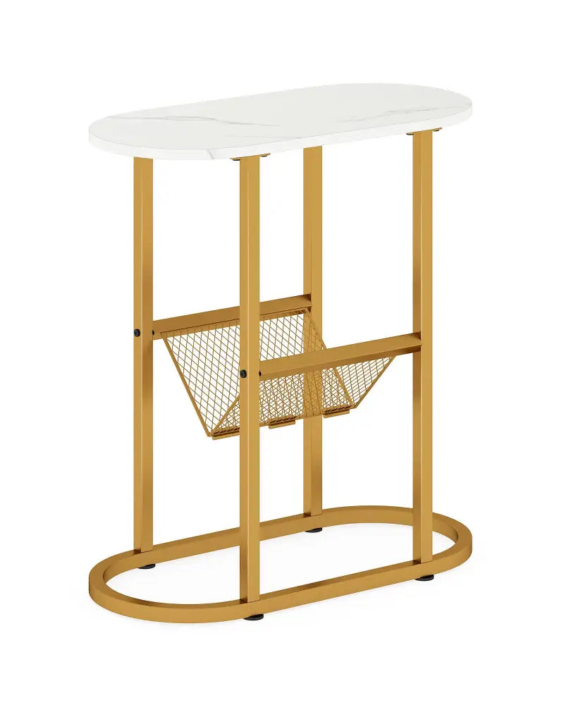2-tier Industrial Oval Side Table with Mesh Shelf-White - White - End & Side Tables
