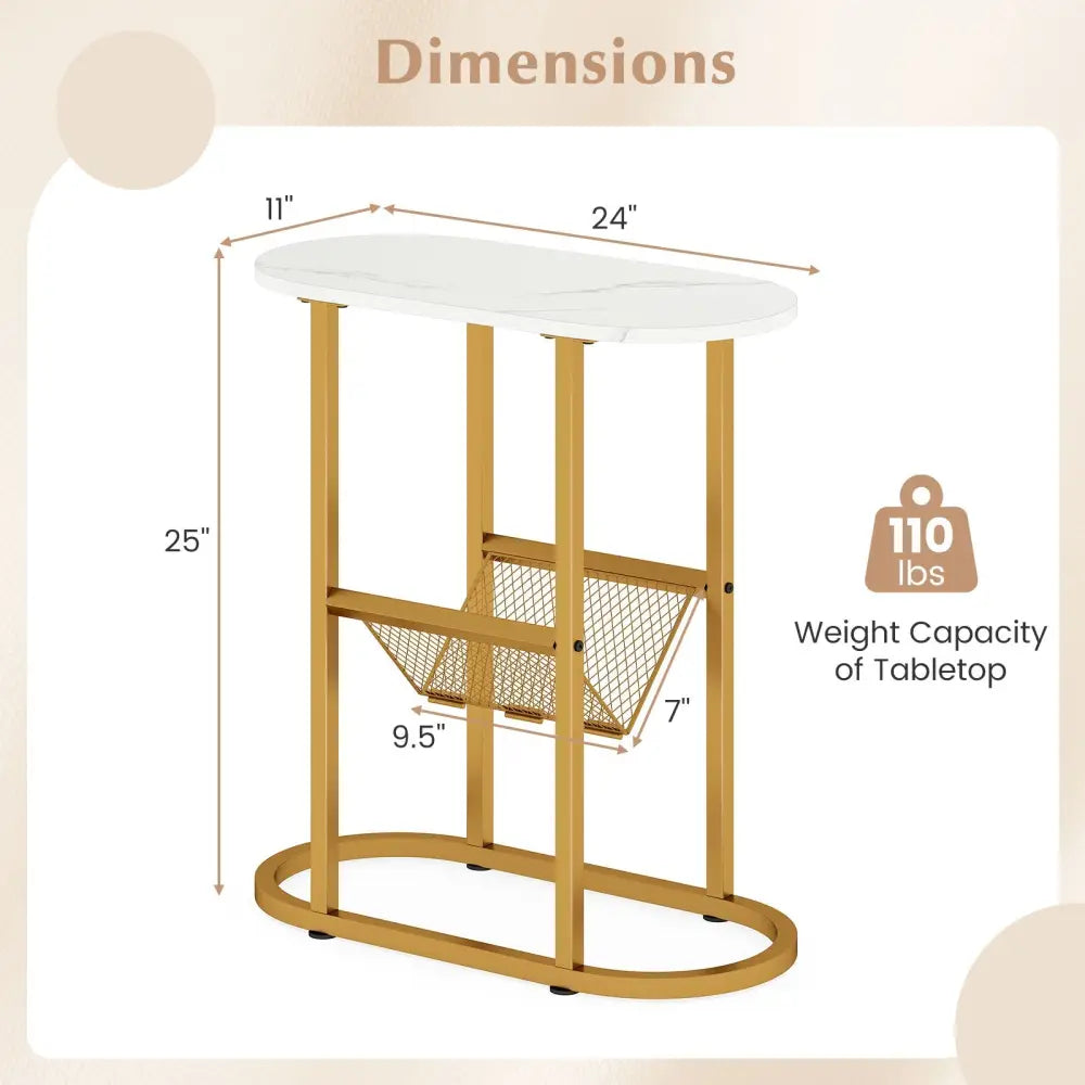 2-tier Industrial Oval Side Table with Mesh Shelf-White Costway